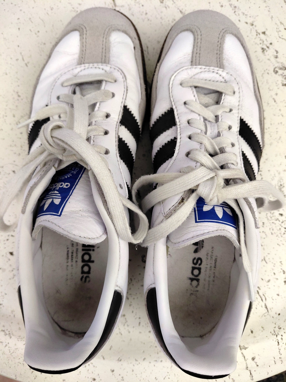 Sambas adidas White Sneakers with Black Stripes and Blue Tongue Logo